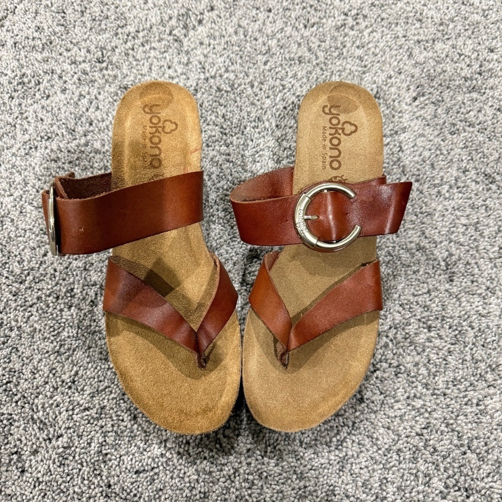 Yokono Made in Spain Toe Loop Wedge Sandals Brown Leather Cork Base Women’s US 8